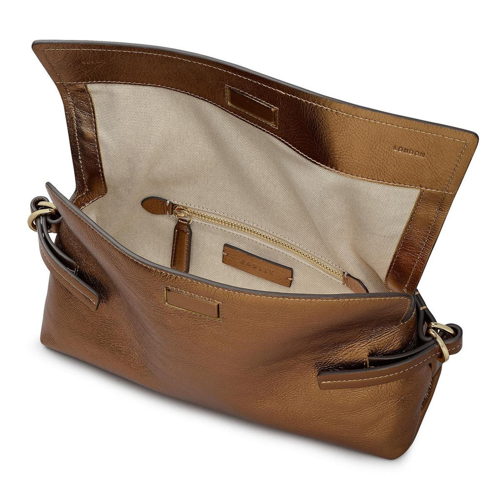 Radley Fleet Street - Medium Flapover Clutch Bag - Metallic Olive Gold (NWT)