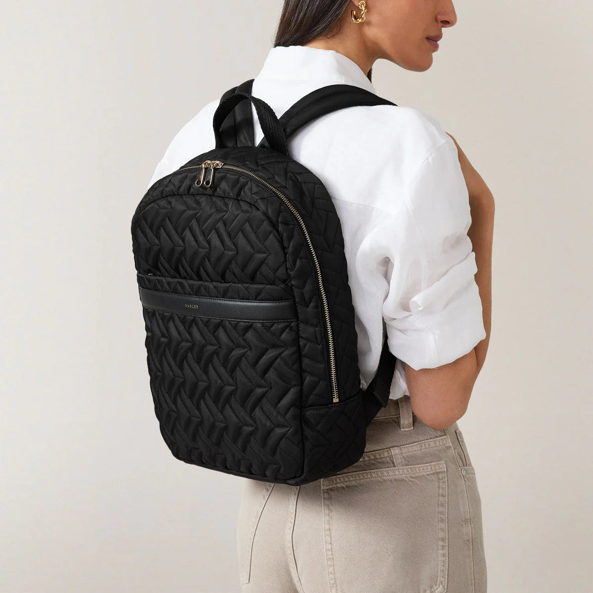 Radley Holland Park Black Quilted Fabric Medium Ziptop Backpack (NWT)